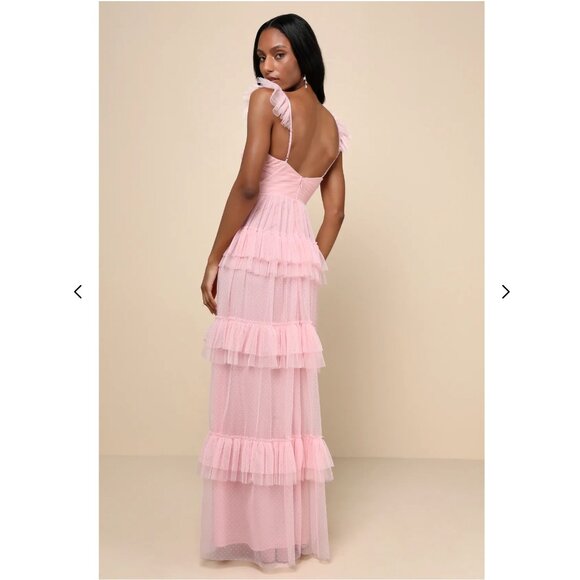 Pure Radiance Pink Mesh Swiss Dot Tiered Maxi Dress - Picture 2 of 3